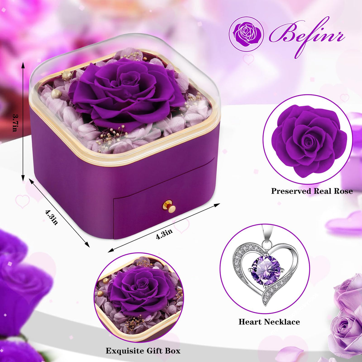 Beferr Birthday Gifts for Women Preserved Real Rose with Necklace Eternal Purple Roses Forever Flowers for Delivery Anniversary Mothers Day Flower Gifts for Mom Wife Grandma Daughter Her Girlfriend