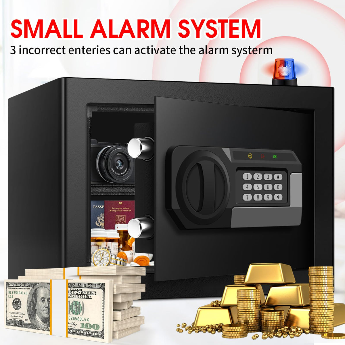 1.2 Cubic Feet Small Fire Safe Box for Home, Fireproof Lock Box, Security Money Safe with Digital Keypad, Spare Keys and Removable Shelf, Personal Home Safes for Money, Jewelry, ID Documents