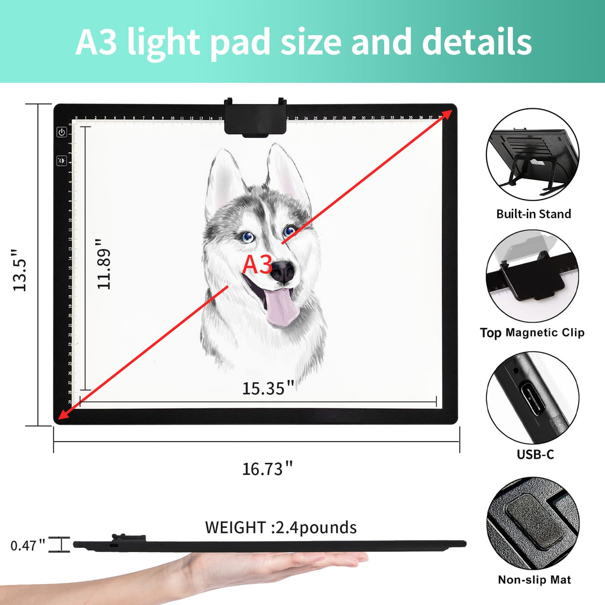 A3 Light Pad - Rechargeable Diamond Painting Light Board with Stand, 3 Colours Stepless Dimmable 6 Levels Brightness Tracing Light Box, Battery Powered Portable Light Pad for Weeding Vinyl Tracing