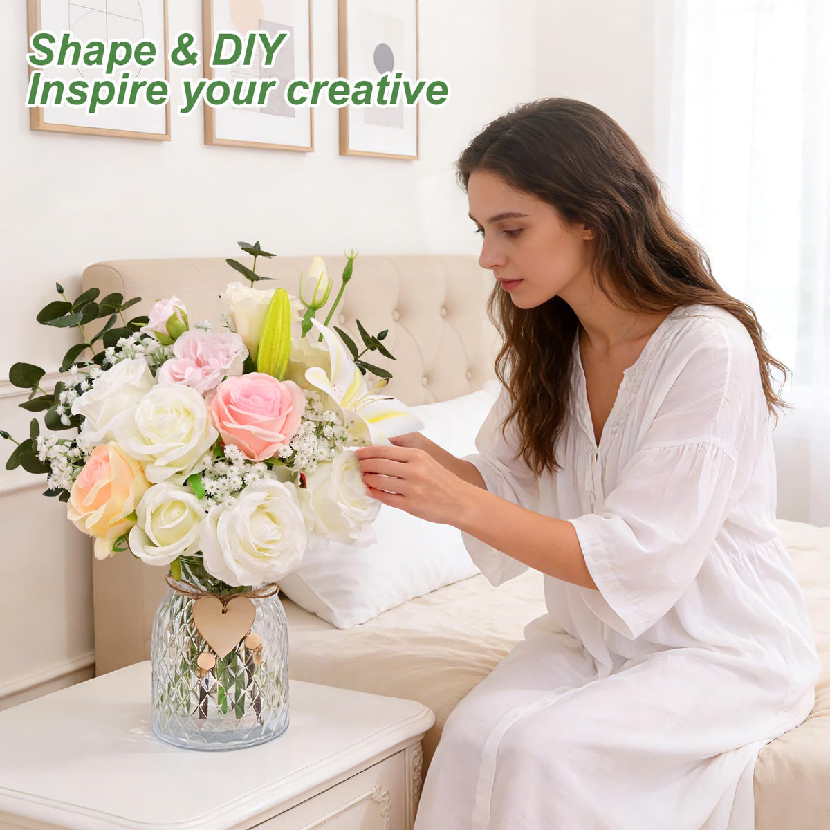 Livole 22Pcs Fake Flowers with Vase Silk White Artificial Flowers in Vase with Light Fake Plant Eucalyptus Flower Arrangement for Table Centerpieces Decor for Living Room Coffee Home Farmhouse