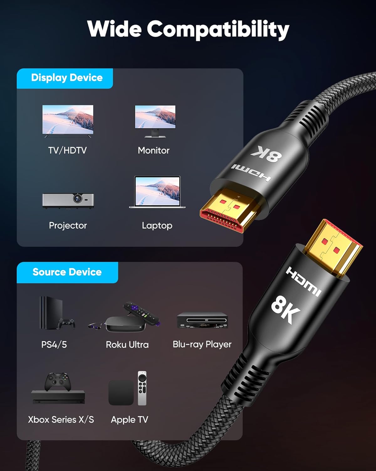 20 10K 8K 4K 2.1 48Gbps Cord-4K@120Hz 8K@60Hz, 2.2&2.3, 10 TV/PS5/HDTV/Blu-ray Highwings Long HDMI Cable FT, Ultra HD