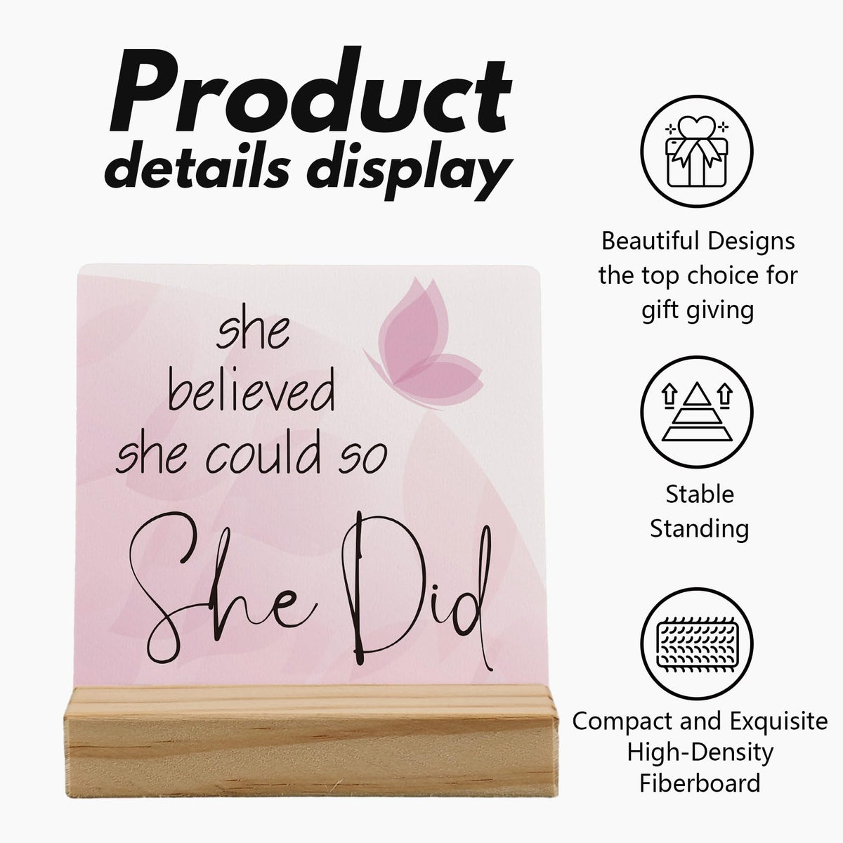 ANIANG Inspirational Desk Decor, Motivational Quote Wood Plaque, Inspirational Positive Gifts for Women,Pink She Believed She Could So She Did Wooden Plaque Sign with Wood Stand for Home Office Decor