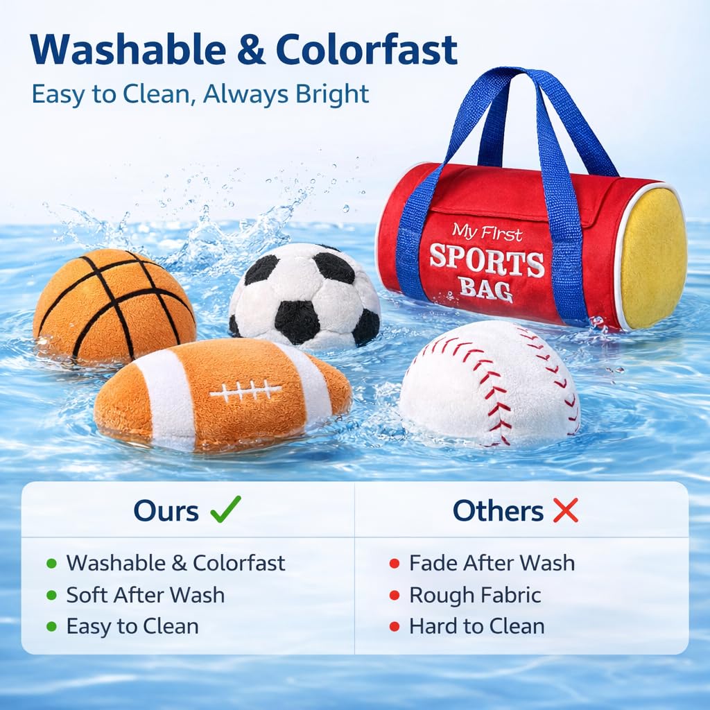 KMUYSL Baby Toys 0-12 Months, My First Sports Bag Plush Toy - 4 Sensory Balls Soft Toys with Crinkle, Rattles for 0-3-6-9-12 Month Newborn Infant, 1st Birthday for Babies Boys Girls Age 1