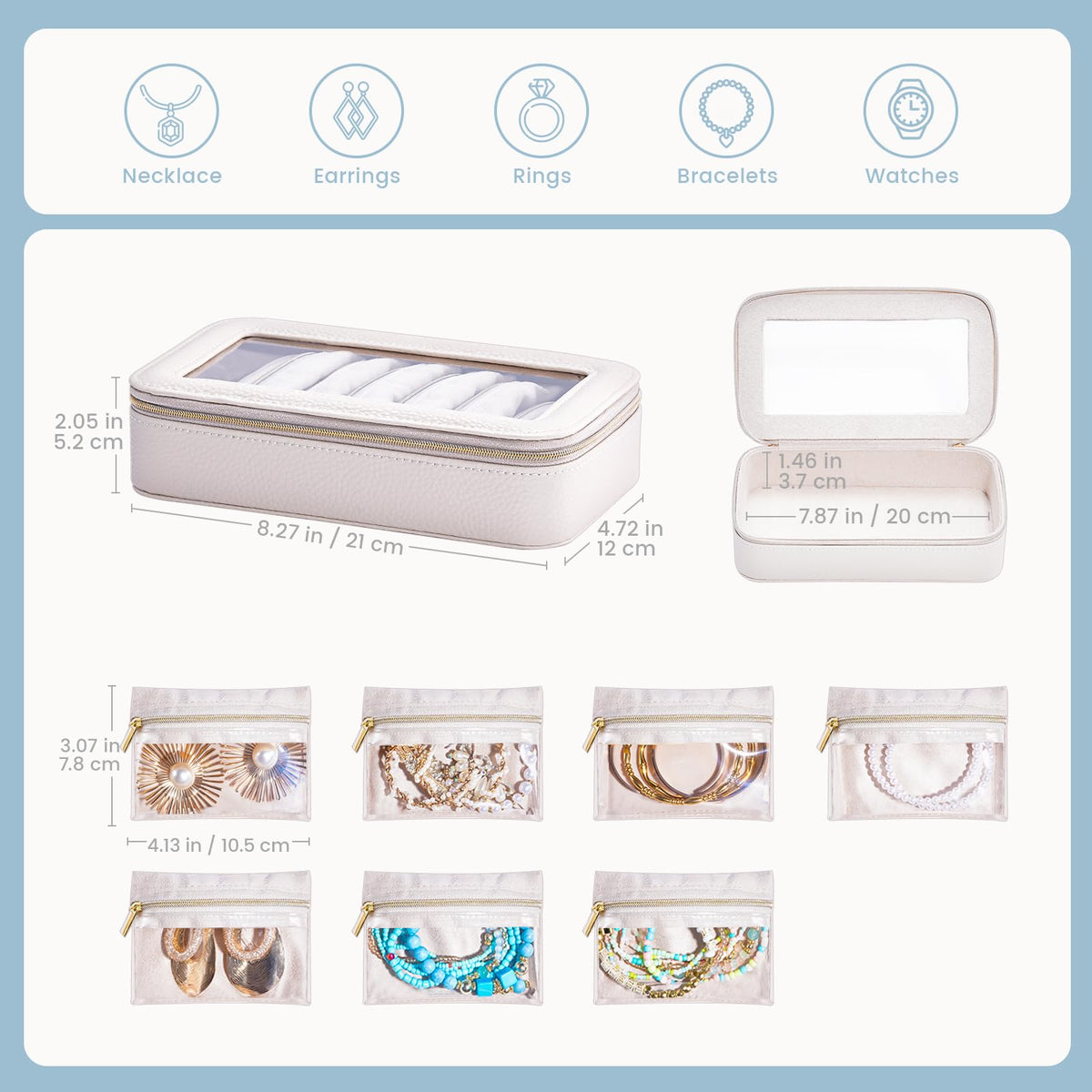 Lolalet 8 in 1 Travel Jewelry Case with Velvet Pouches, Clear Window Travel Jewelry Organizer Bags for Earrings, Bracelets, Necklaces and Rings, Compact Jewelry Storage for Women Girls -Beige, 7PCS
