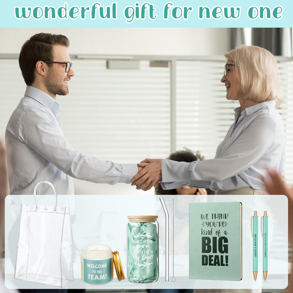 Thenshop 6 Pcs Welcome to the Team Gifts Bulk for New Employee Inspirational Glass Tumbler Notebook Pens Scented Candle with PVC Bag Employee Appreciation Gift Set for New Coworker Office (Sage Green)