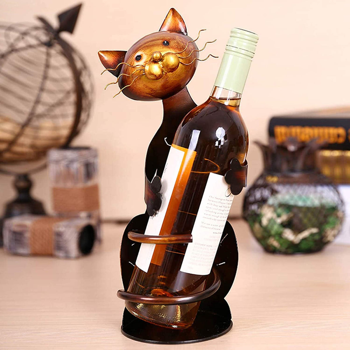 Tooarts Cat Shaped Wine Holder Wine Rack shelf Metal Sculpture Practical Home decoration Crafts