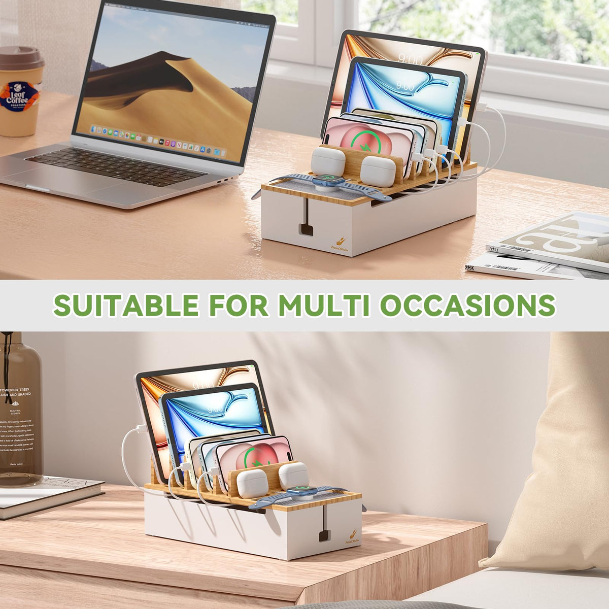 Pezin Hulin Multi Devices Charging Station, with USB Power Adapter HUB, and 6 Wire Cables - Cord Organizer Management, Cell Phone Charger Dock Stand, Desktop Cord Hider Box - Natural +White
