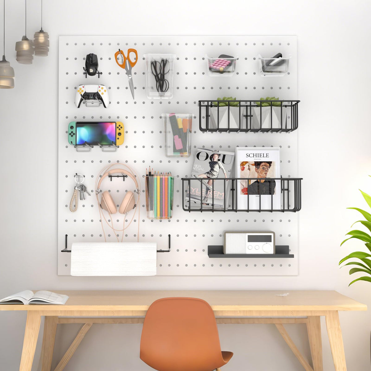 Daanxw Peg Board Accessories Kit,Pegboard Hooks Assortment with Bins,Cups,Wire Baskets,Paper Towel Holder Can be Used for Pegboard Garage Workbench Craft Room Organizing Tools (Transparent Cup+Box)