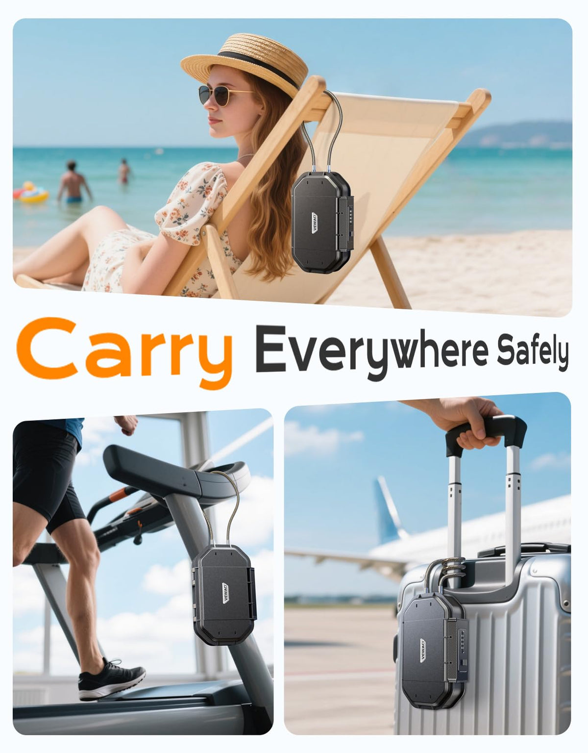 Vewaci Portable Travel Safe Lock Box Waterproof & Durable, 4-Digit Combination Anti-Theft Personal Beach Safe with Removable Steel Cable, Small Security Case Lock Box for Beach/Travel/Hotel/Dorm