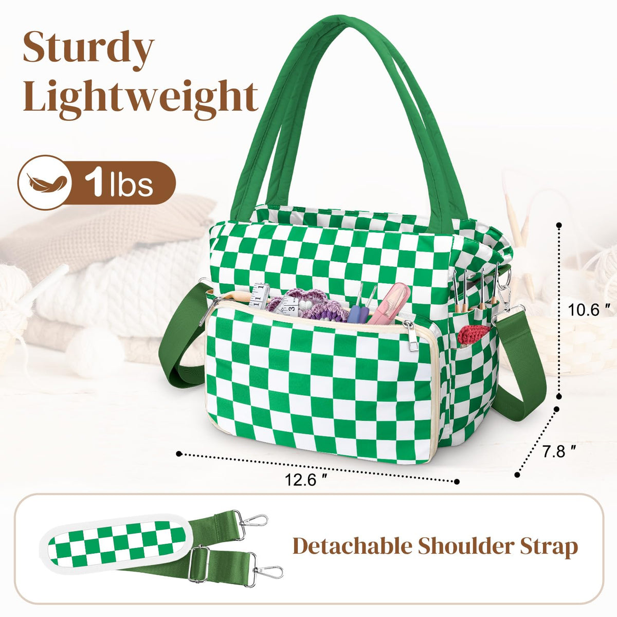 DALINDA Crochet Bag and Tote - Yarn Bag Crochet Storage Bag for Crochet Supplies,Crochet Accessories, Knitting Bag for Crochet Lovers, Ideal Crochet Gifts (Green Plaid)