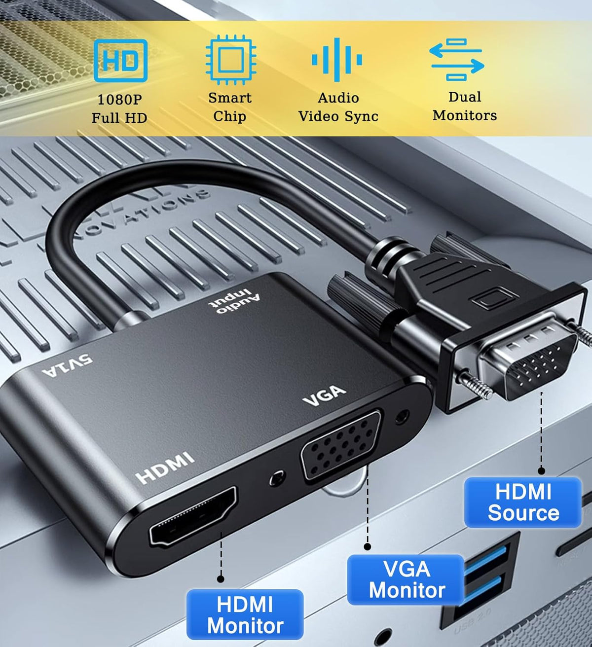 AKWOR 2 1,1080P@60HZ VGA to HDMI+VGA Adapter for Dual Monitors, VGA to HDMI Adapter Splitter in Full HD Display Video