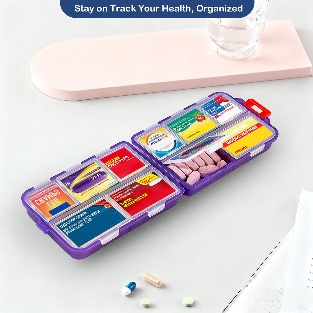 2026 New Extra Large Pill Box with Medicine Labels Travel Essentials Daily Med Container Mini Medication Organizer Storage Organizer Case 7 Day Pill Organizer(Purple)