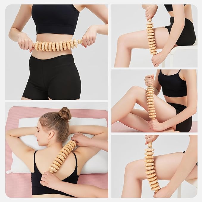 Wooden Cellulite Massage Roller for Legs and Thighs - Handheld Fascia Blaster Tool for Muscle Relief, Lymphatic Drainage & Body Sculpting - Anti Cellulite Massager for Women and Men (12 Wheel)