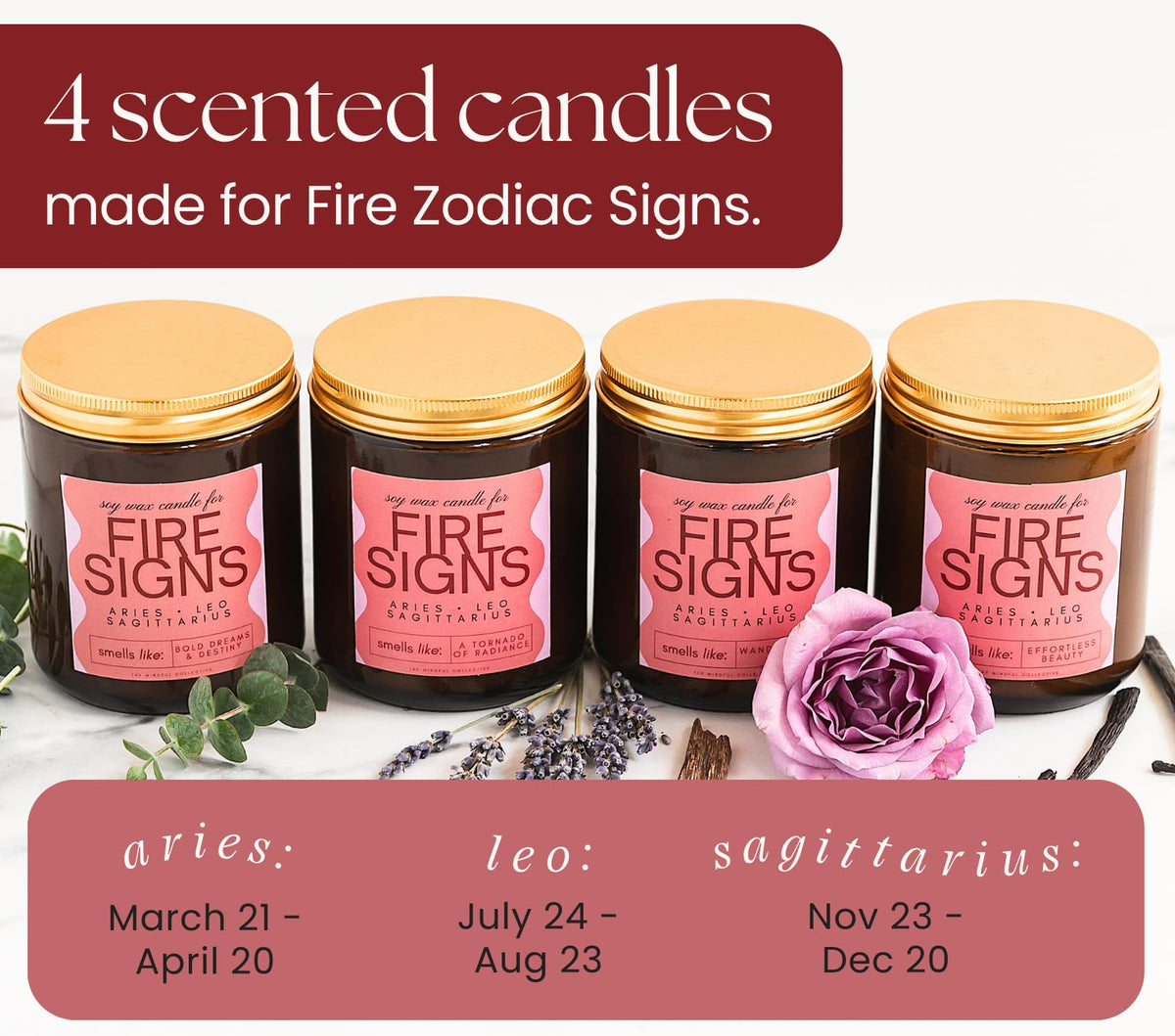 Aries, Leo, Sagittarius Gifts for Women - Wood Wick Candles, 4 Pack Small Scented Candles Set for Women. 6oz Natural Soy Wax, Aromatherapy Set for Home. Zodiac Astrology Birthday Spiritual Gifts