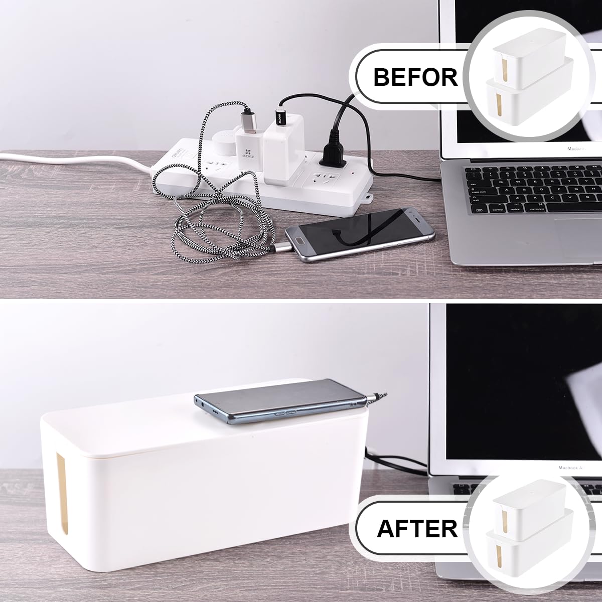 Cable Management Box, 2 Pack Large & Medium Cable Organizer Box with 17 PCS Cable Management Set, Cord Organizer Box to Hide Surge Protector on Desk or Floor (White)