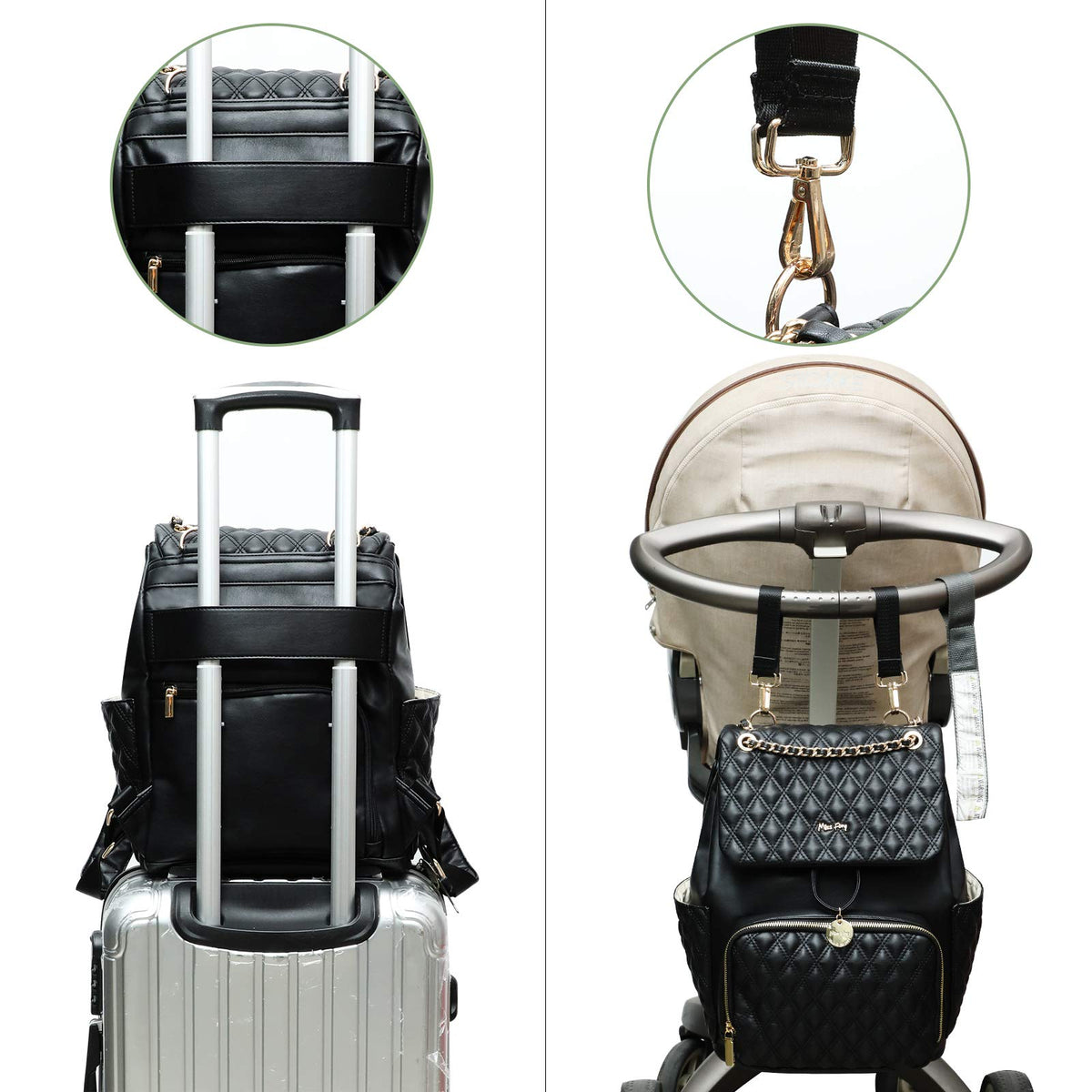 miss fong Diaper Bag Backpack Baby Diaper Bag for baby boy and girls, Leather Baby Bag with 13 diaper bag organizing pouches, Changing Pad, Stroller Straps and 4 Insulated Pockets(Black)