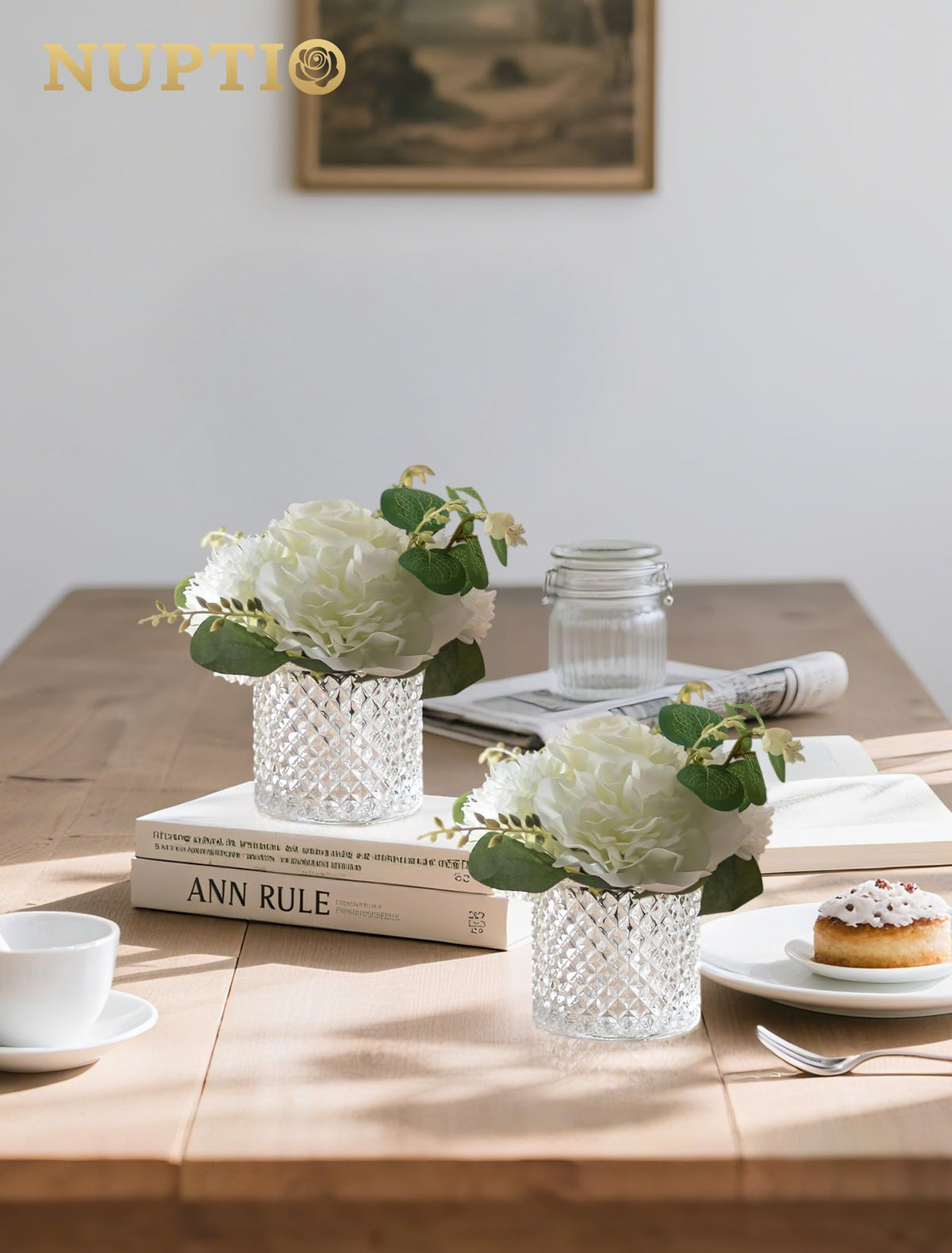 NUPTIO Small Fake Flower in Vase: 6 Pcs Silk Artificial Flowers with Clear Glass Vases for Living Room Bathroom Office Decor - Faux Rose Mums Floral Arrangements Wedding Dining Table Centerpiece