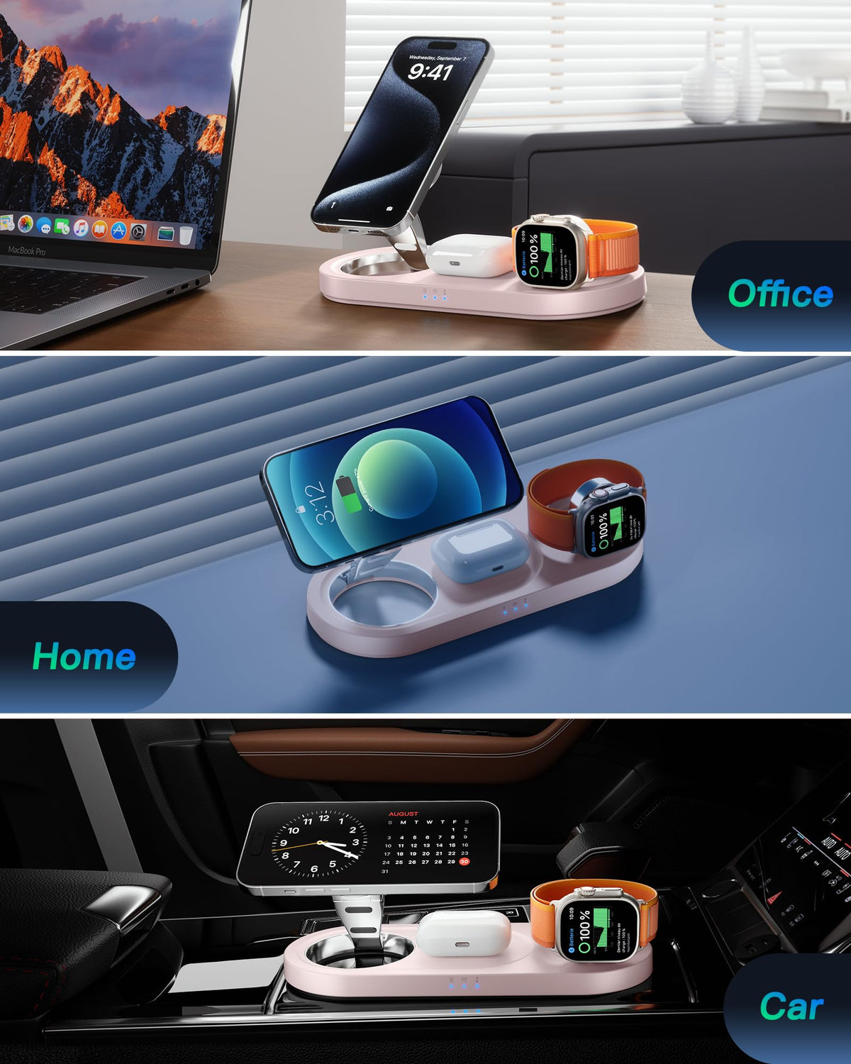 Upgraded 3 in 1 Wireless Charging Station for Apple Devices, Faster Mag-Safe Charger Stand, Magnetic Charger Station for iPhone 17/16/15/14/13/12 Series & AirPods Pro & Apple Watch Series (Pink)