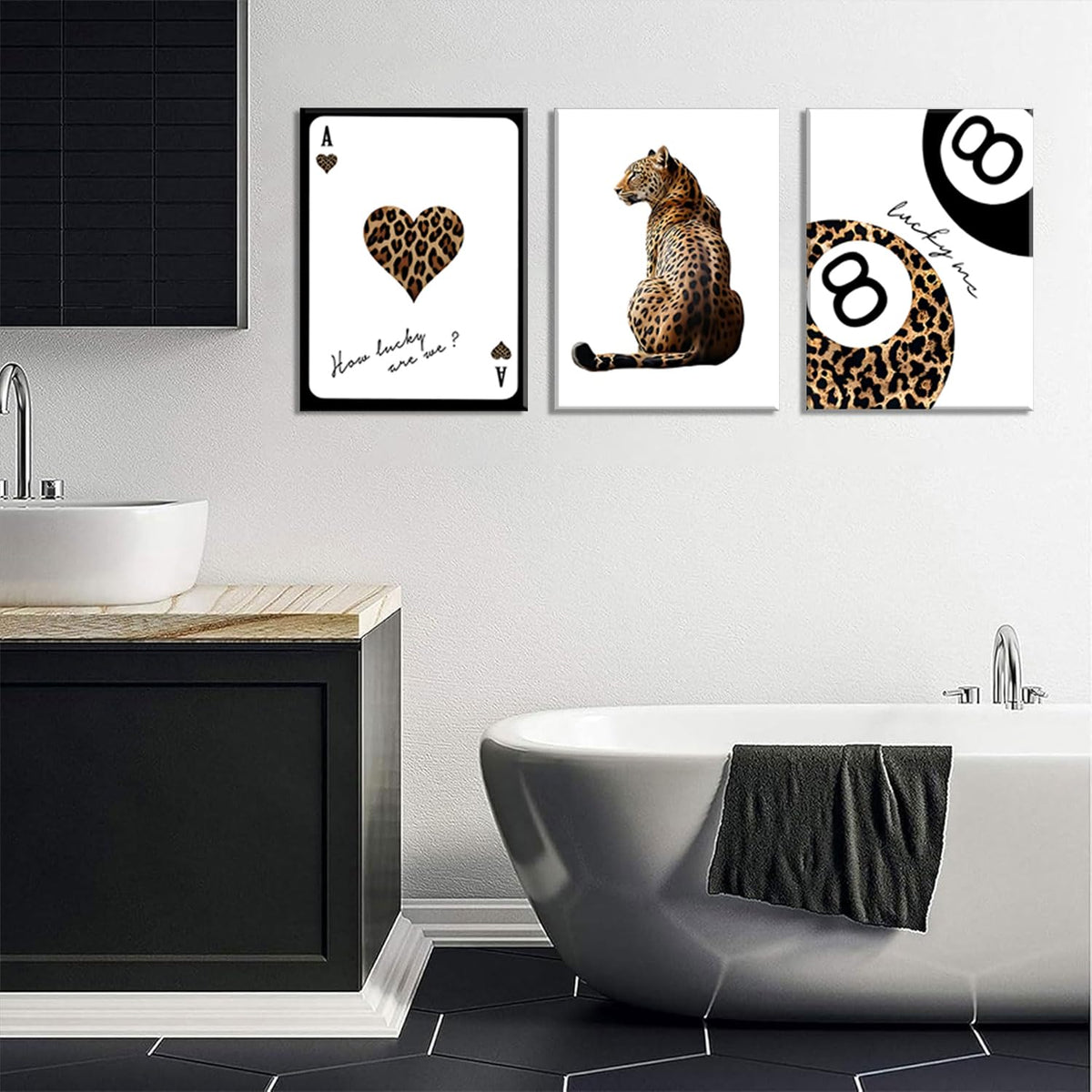 Trendy Leopard Wall Art Set of 3 Cheetah Print Canvas Wall Decor Lucky 8 Ball Paintings Posters Prints Preppy Room Aesthetic Pictures Artwork for Living Room Bedroom Apartment Dorm 12x16inch Framed