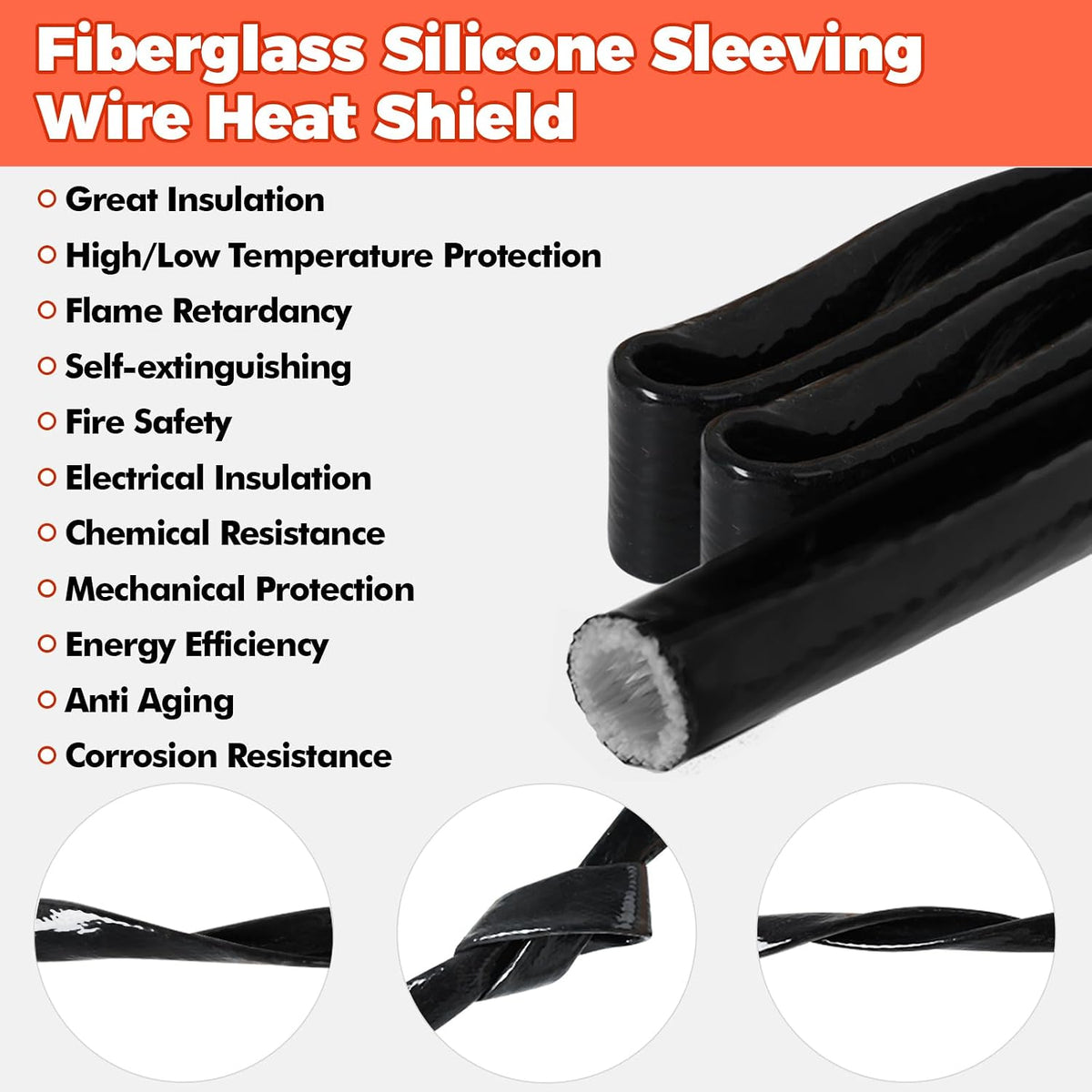 Amerbro 1/2" 4 1/2" x5FT) ID Heat Shielded Fire Thermo Armor Fire Sleeve Silicone Coated Fiberglass Heat Protection