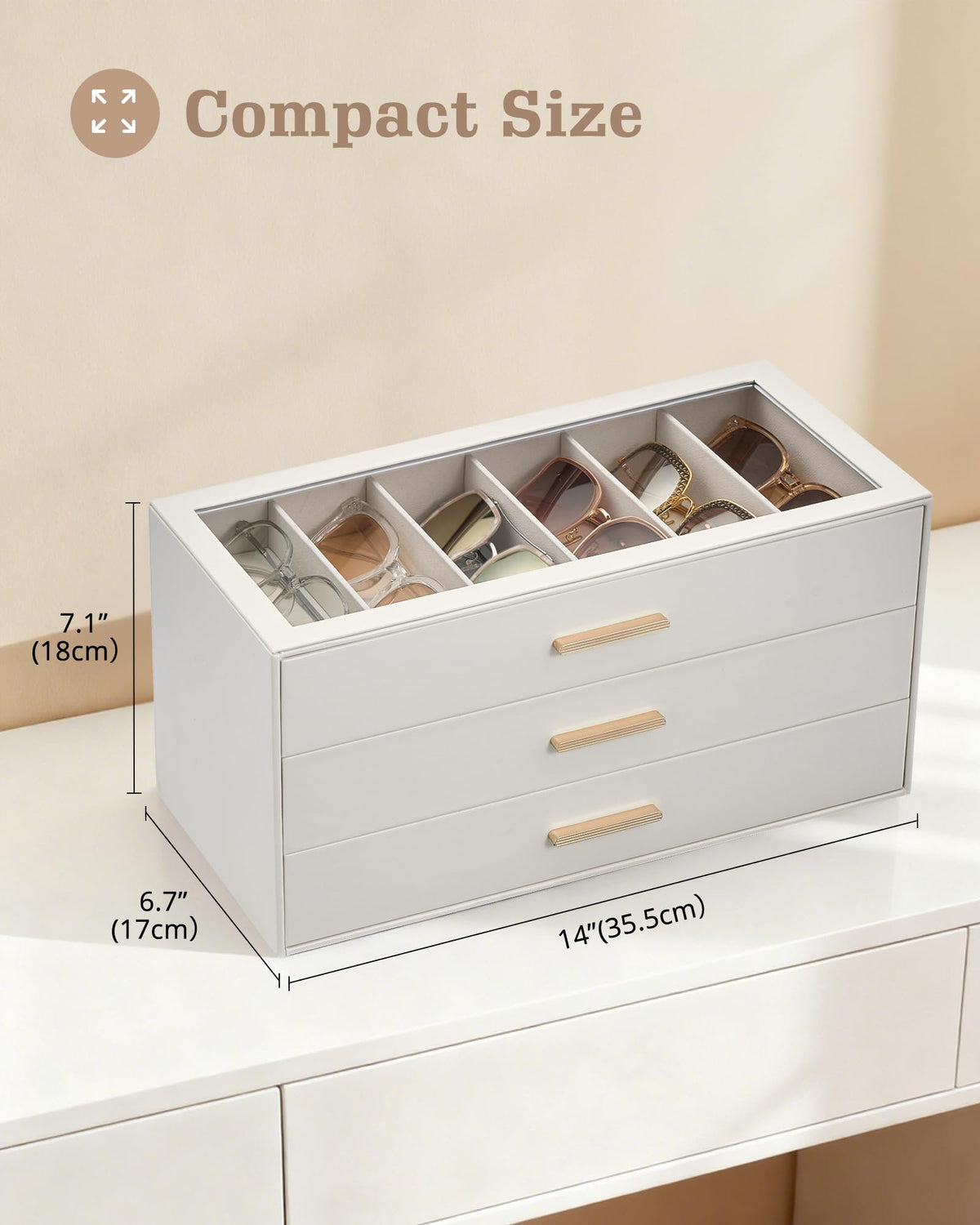Lolalet 18 Slots 3-Layer Sunglasses Storage Box for Women, Eyewear Eye Glass Sunglass Organizer with Clear Top Lid Display Holder Case for Sunglasses Eyeglass Watch Jewelry, Mothers Day Gifts -Beige