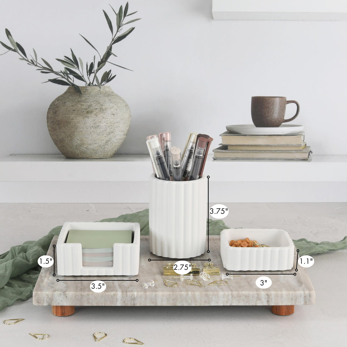 KIBAGA Modern Aesthetic Desk Accessories Set of 3 - Stylish Concrete Organizers for Pens & Office Supplies - A Cute and Functional Addition to Your Workspace Decor