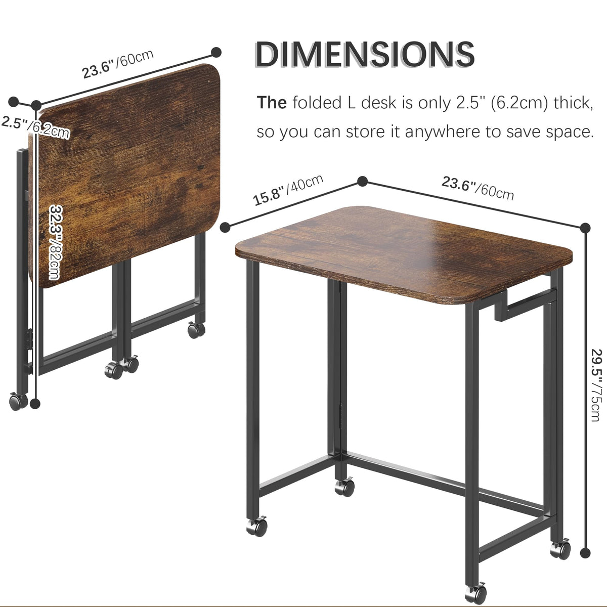 4NM 23.6" Mobile Small Rolling Computer Desk, Folding Laptop Cart Table with Wheels, Portable Office Desk for Small Space Couch Bed - Rustic Brown and Black
