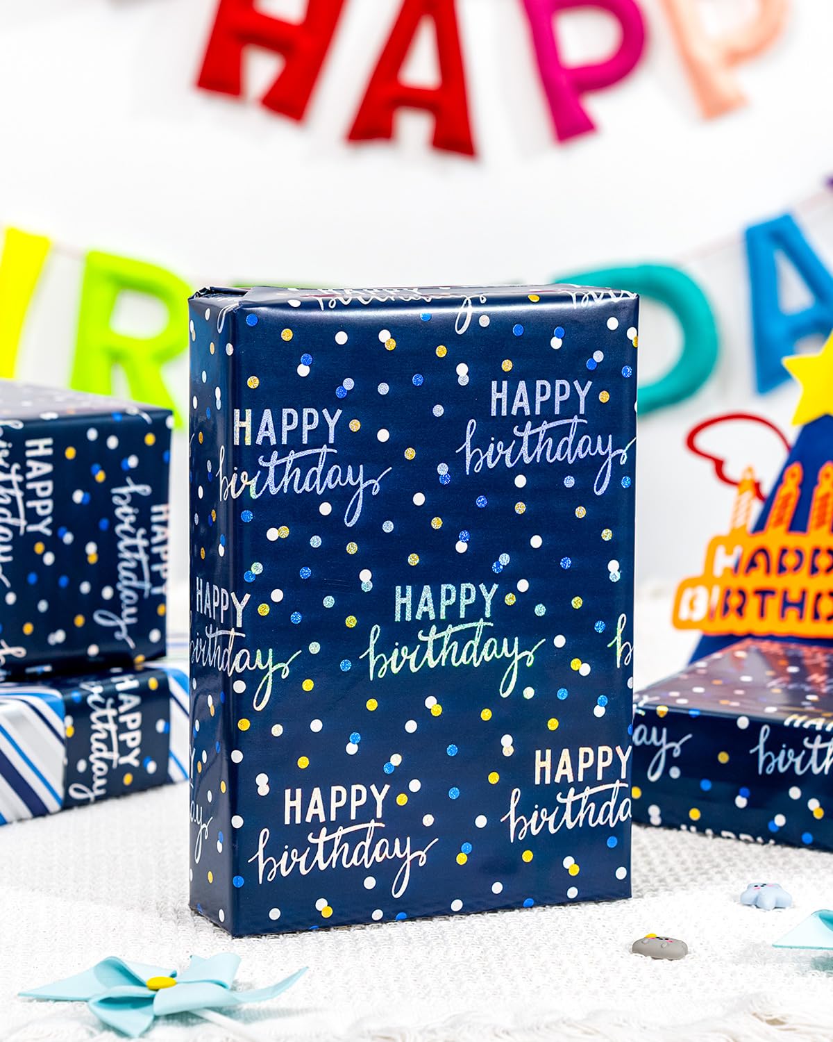MAYPLUSS Birthday Wrapping Paper Roll, Blue Metallic Holographic Happy Birthday Wrapping Paper Featuring Revesible Stripe Gift Wrap Paper for Boys Kids Girls Men, 17 Inches x 33 Feet
