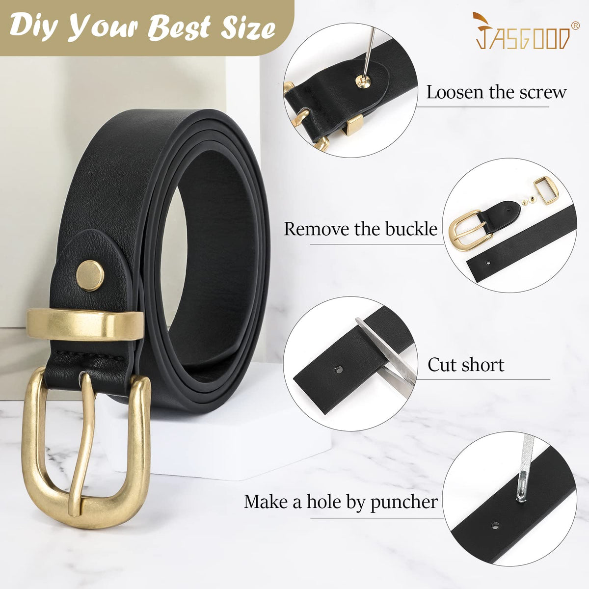 JASGOOD Women's Leather Belt for Jeans Pants, Fashion Ladies Belt for Dresses with Gold Buckle