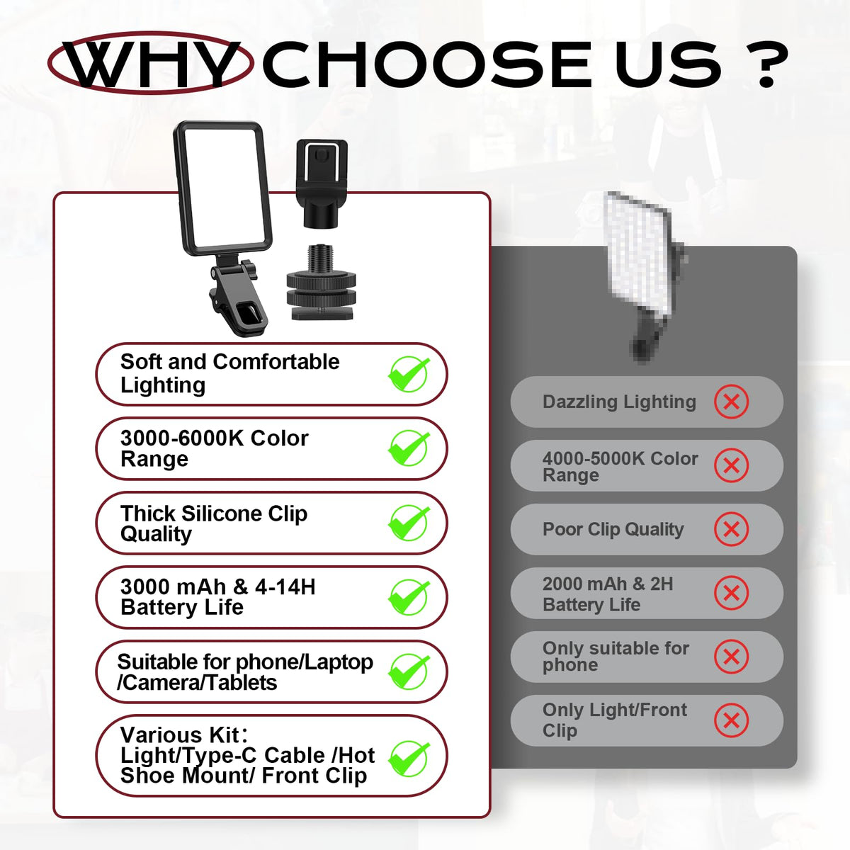 Datarm Rechargeable Soft Selfie Light for Phone, Camera, Laptop, 4-14H Battery Portable LED Light for Pictures, Phone Light Clip for Selfie, Vlog, TikTok, Makeup, Video Conference Black