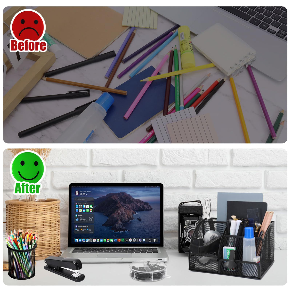 SYMDROMIA 13-in-1 Office Desk Organizer Set with Stapler and Tape Dispenser, Pen Holder, Scissors, Ruler, Hole Punch, 2 Pens & More Desktop Accessories for Back to School Supplies (Black)