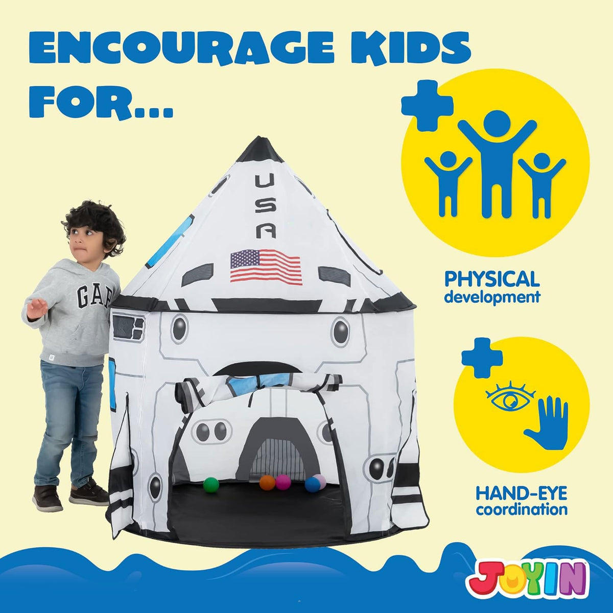 JOYIN Rocket Ship Play Tent Pop up Play Tent Kids Indoor Outdoor Spaceship Playhouse Tent Set