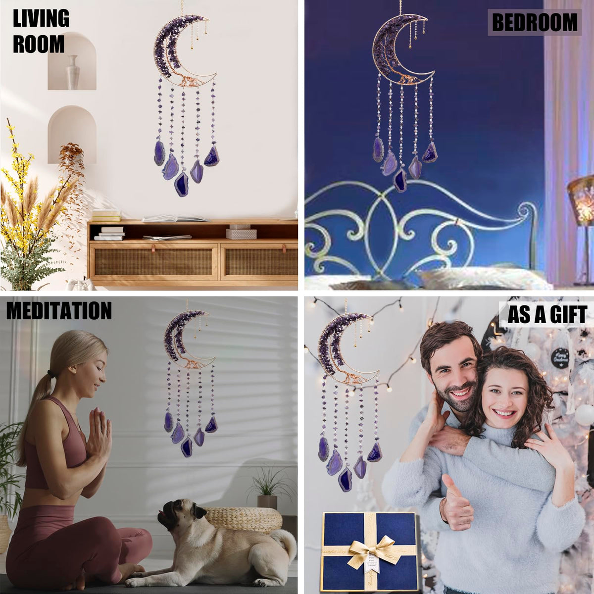 Moon Wind Chimes With Amethyst Tree for Purple Room Aesthetic, Hanging Crystal Decor for Home Wall, Purple Bedroom for Women, Unique Gifts for Women or Teen Girls