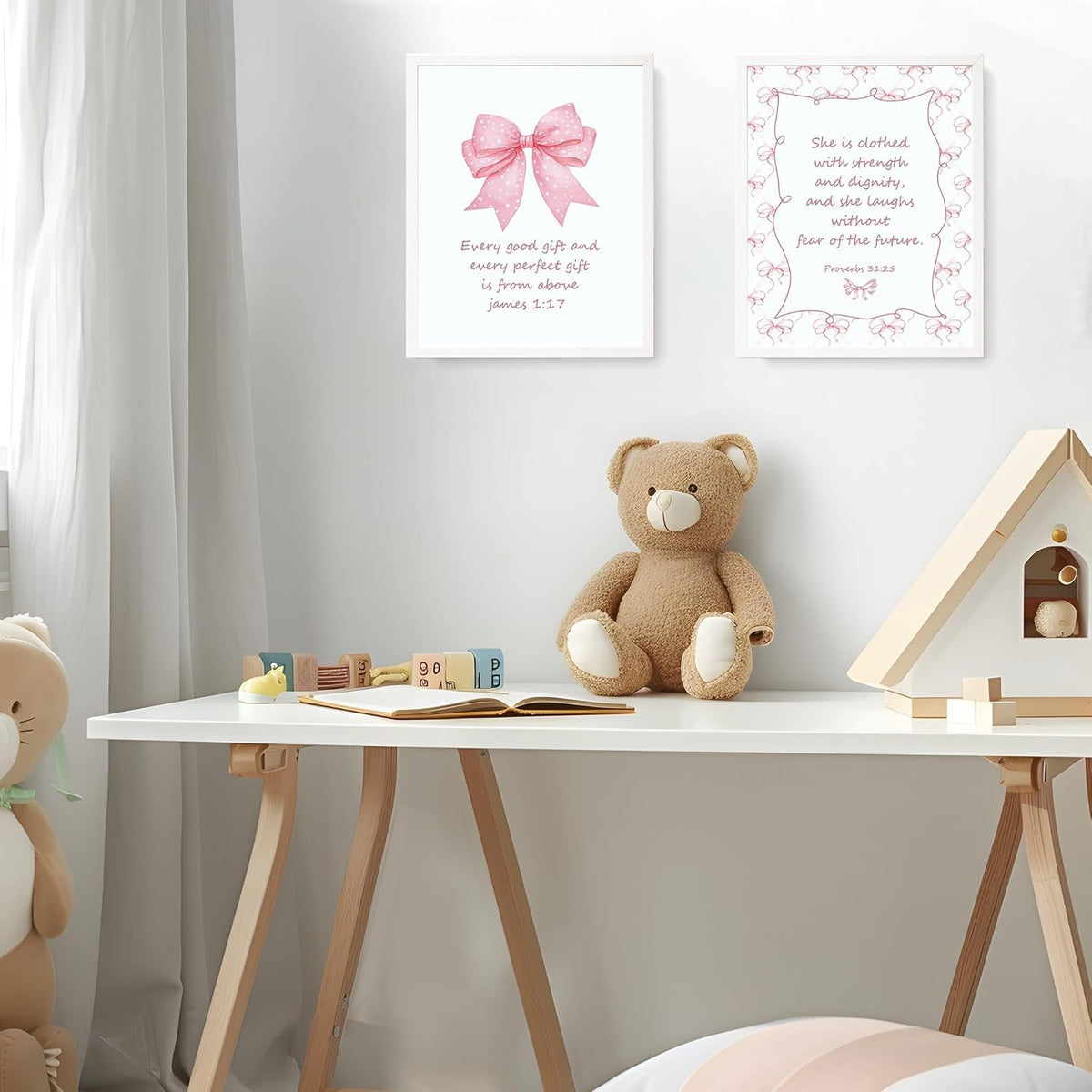 Pink Christian Wall Art Decor Posters Pink bow scriptures Inspirational Bible Wall Decor Room Bedroom Bathroom Dorm Wall Art Decor for College Teen Girls Gifts 10x8 Inch Set of 6pc Pictures UNFRAMED