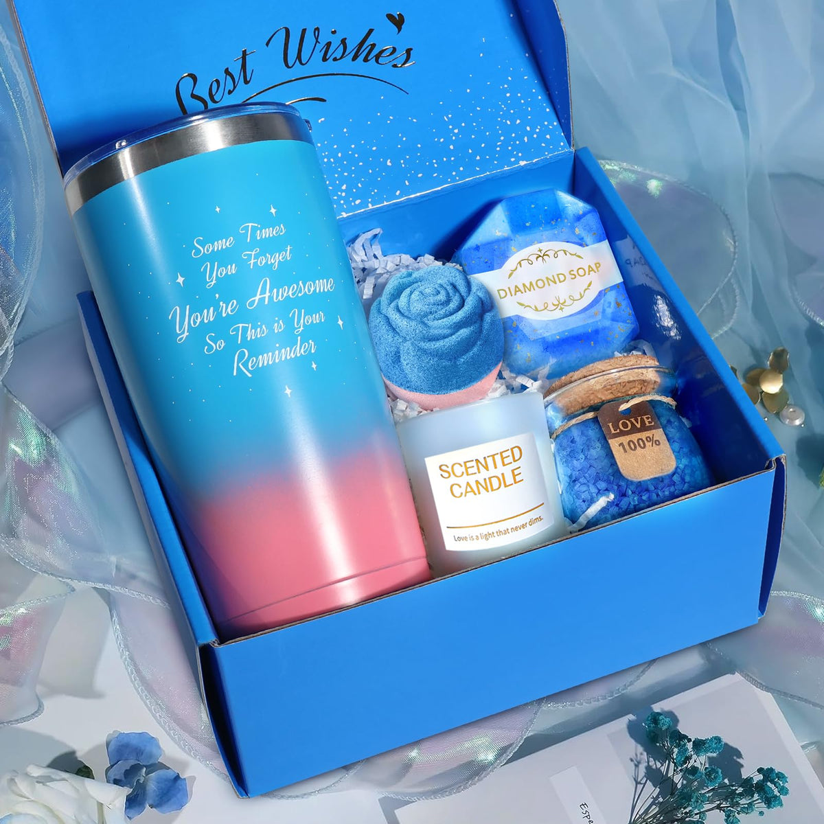 Gifts for Women, Mothers Day Gifts for Mom Sister Girlfriend Grandma Bestie Daughter Her Teacher Appreciation Graduation Gift, Self Care Spa Baskets Set Blue
