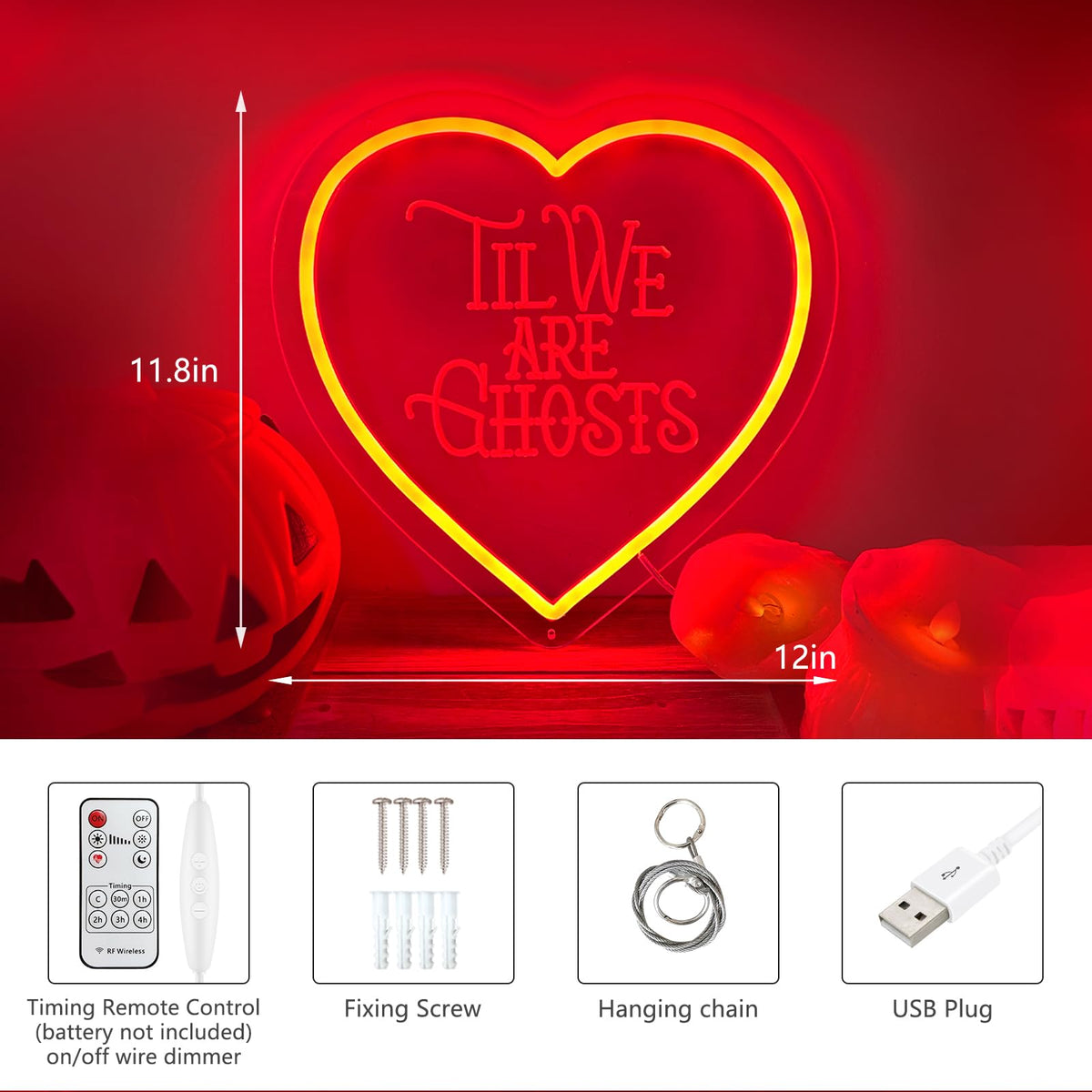 Til We Are Ghosts Neon Sign, Halloween Decoration Red Heart Shape Gothic LED Sign,Creepy Spooky Gothic Room Window Bedroom Wall Decor, for Wedding Decor, Anniversary Engagement Gift