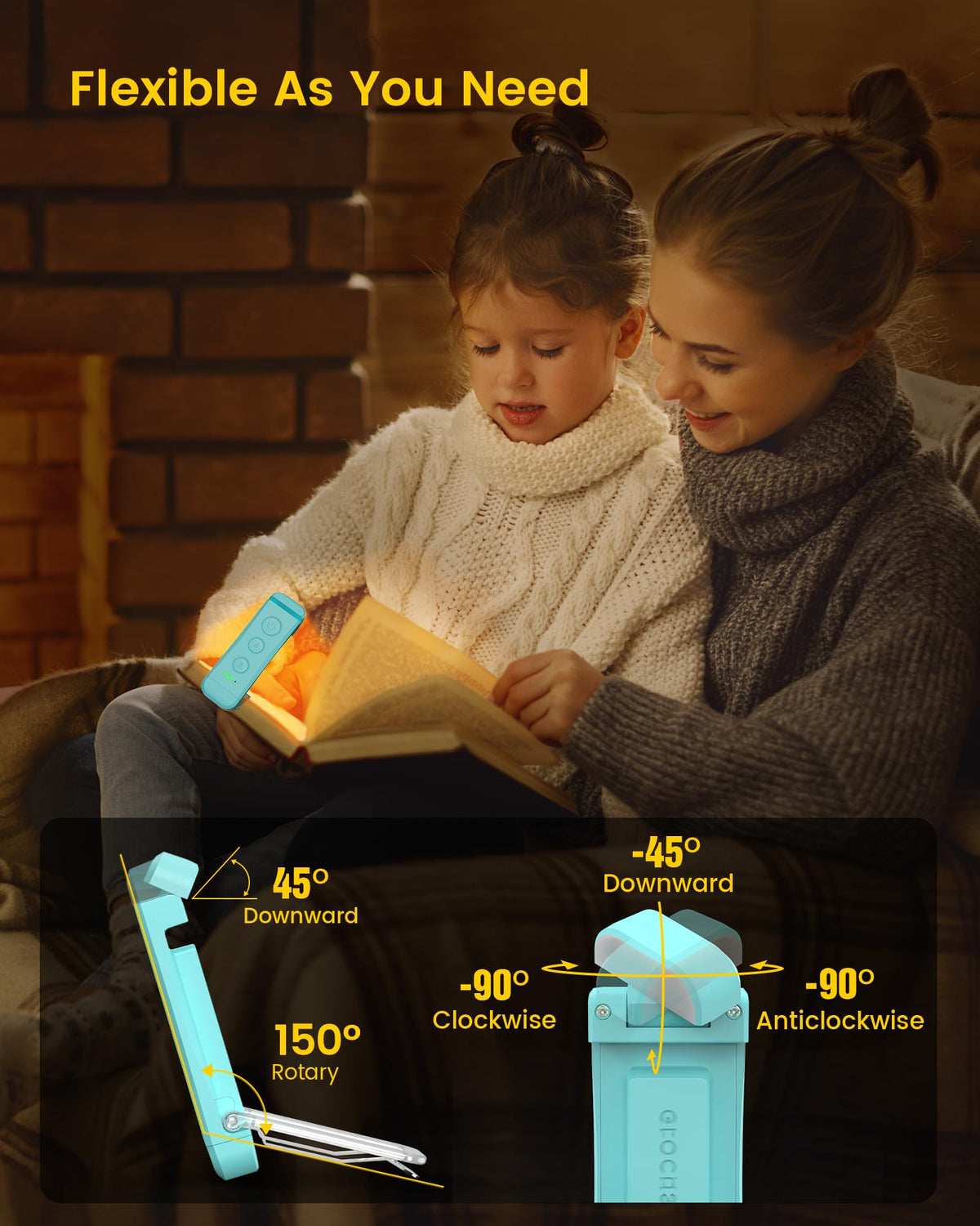 Glocusent USB Rechargeable Book Light, Portable Clip-on LED Reading Light, Reading Lights for Books in Bed with 3 Amber Colors & 5 Brightness Dimmable, Compact & Long Lasting, Perfect for Book Lovers