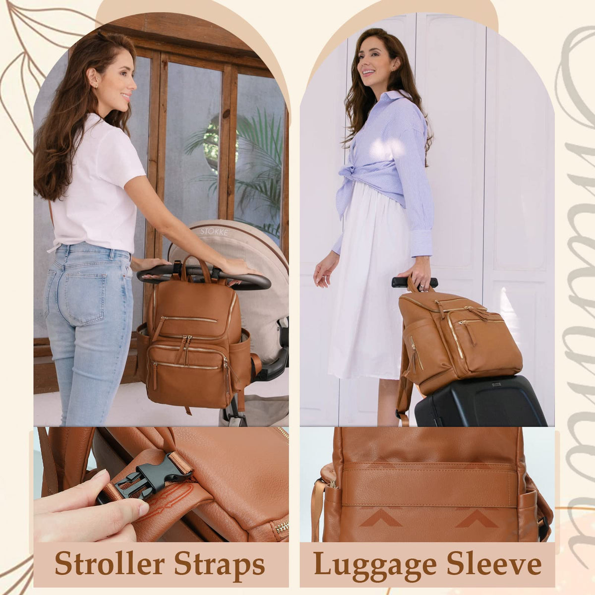 Omanmoli Diaper Bag Backpack Large Baby Diaper Bag Leather with 17 Diaper Bag Organizing Pouches,Changing Pad,Stroller Straps,4 Insulated Pockets,Brown