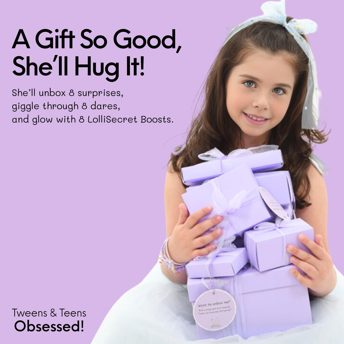 HAPPY LOLLI Purple LolliBox Gift Set for Tween & Teen Girls Ages 8–15, Birthday Gift Box, Ready-to-Gift Surprise Box with 8 Individually Wrapped Gifts & Empowering Challenges