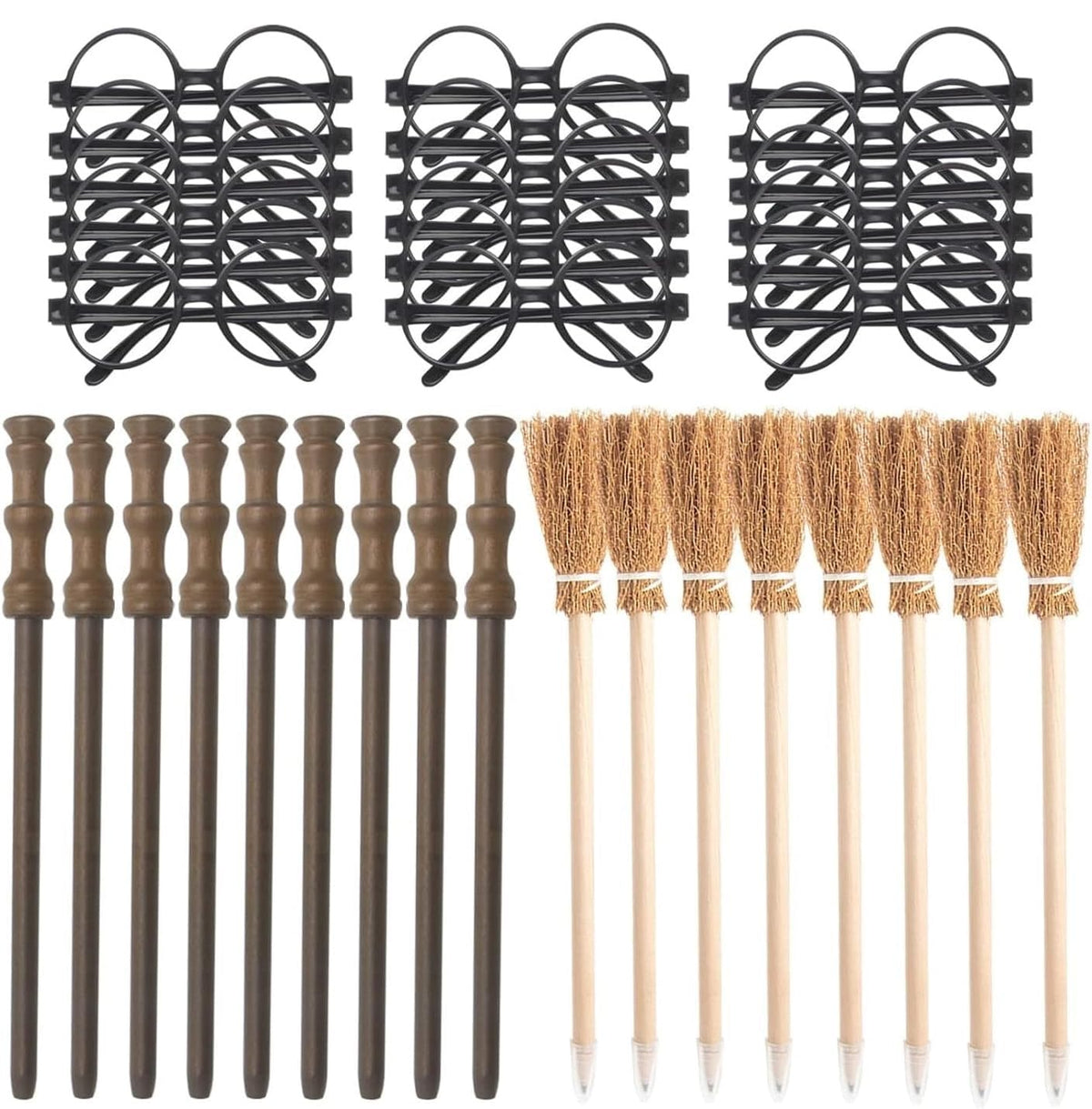 Col-Pary Party Supplies Kit -Black Round Glasses with Round Frame No Lenses, Broom Pencil, Wand Pencil for School Birthday, Halloween,Cosplay Party Decor(Each of 12 pcs )