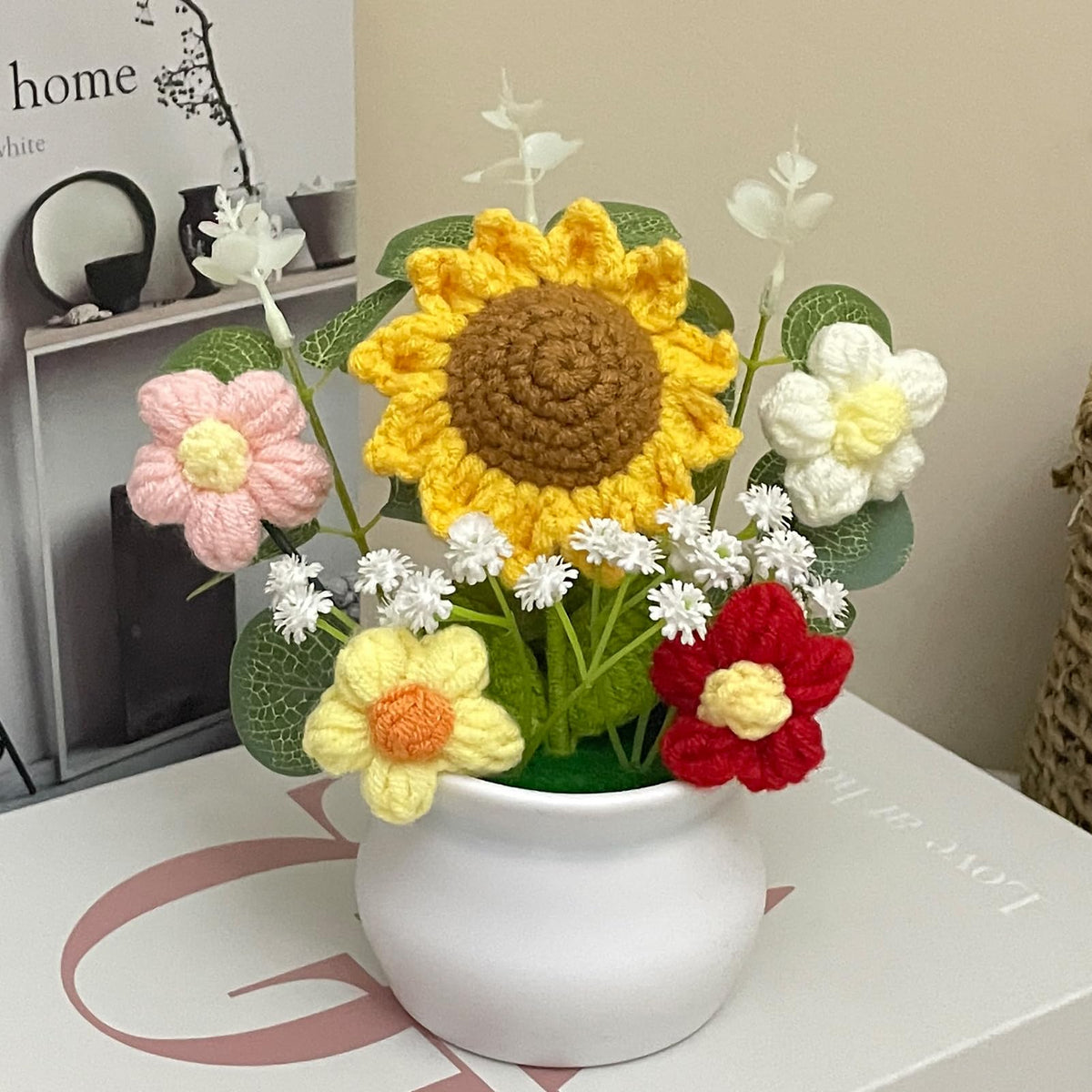 YUNBIAOSEN Handmade Crochet Sunflower Potted Plants Knitted Floral Decor for Office Desk, Car Dashboard, Unique Birthday Gifts for Women, Mom, Teacher (Sunflower Puff, 4 Pack, 7.1 x 2.76 Inches)