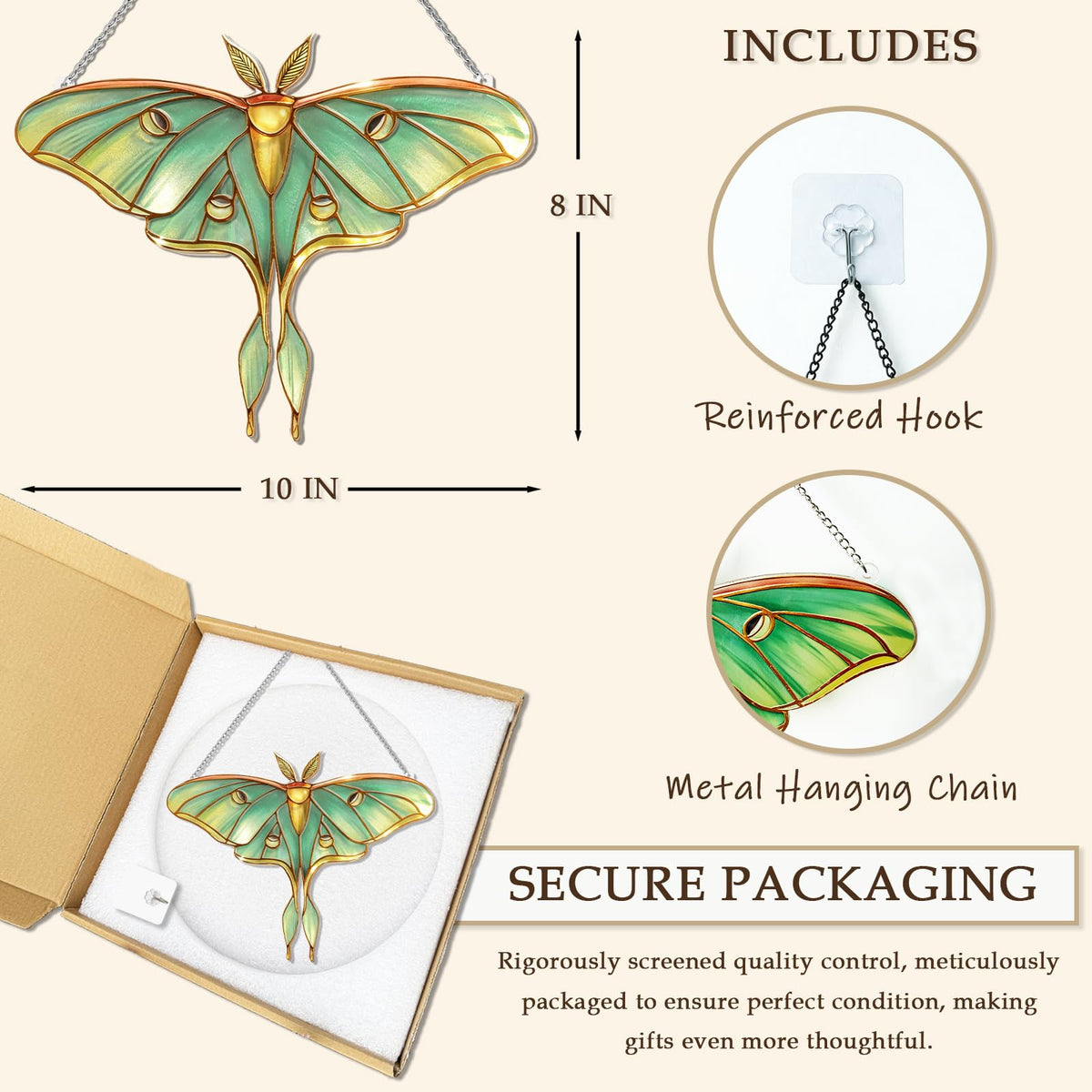 Stained Glass Window Hanging, Luna Moth Suncatcher for Window Decor, Gift for Women Mom Grandma and Art Lover, Ideal Gifts, Elegant Home Decor 5.8x7.3 Inch, Garden, Patio