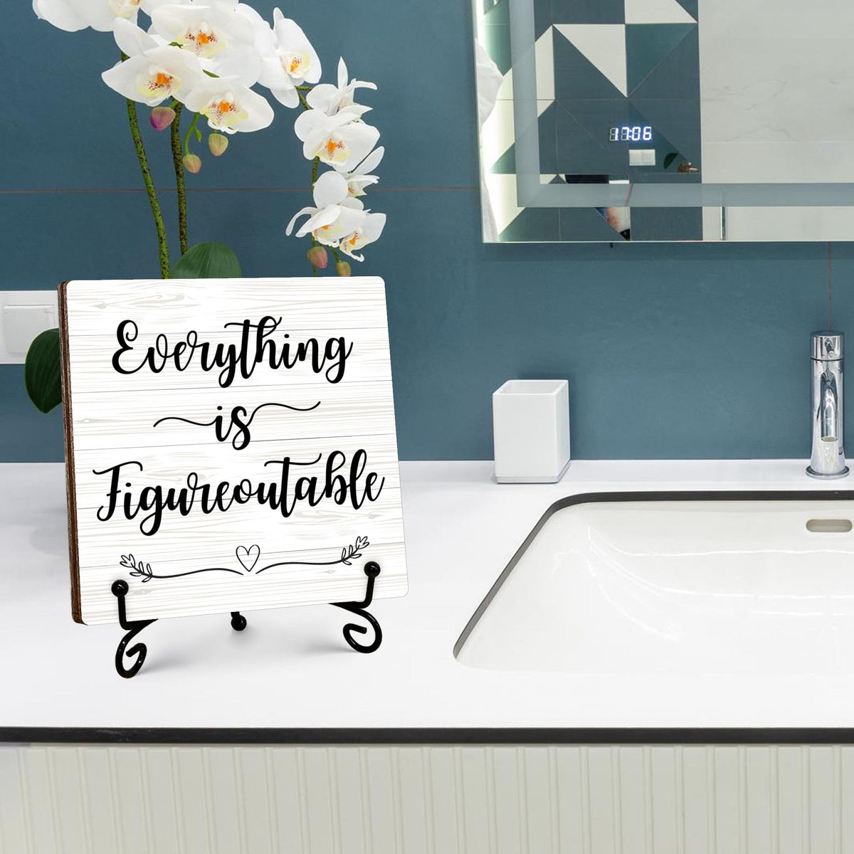 Inspirational Office Gifts for Women, White Desk Decor, Everything Is Figureoutable Wooden Sign with Stand, Birthday Gifts for Men Friends Coworkers, Motivational Office Decor, 5"x5"-A02