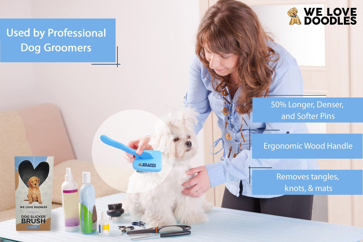 We Love Doodles Dog Gloves Wipes & Dog Slicker Brush Bundle - Pet Bathing Wipes for Dogs, Paws, Face, Body, Ears - Pet Grooming Detangler Pin Dog Brush, Goldendoodle Long Pin Brush for Dematting