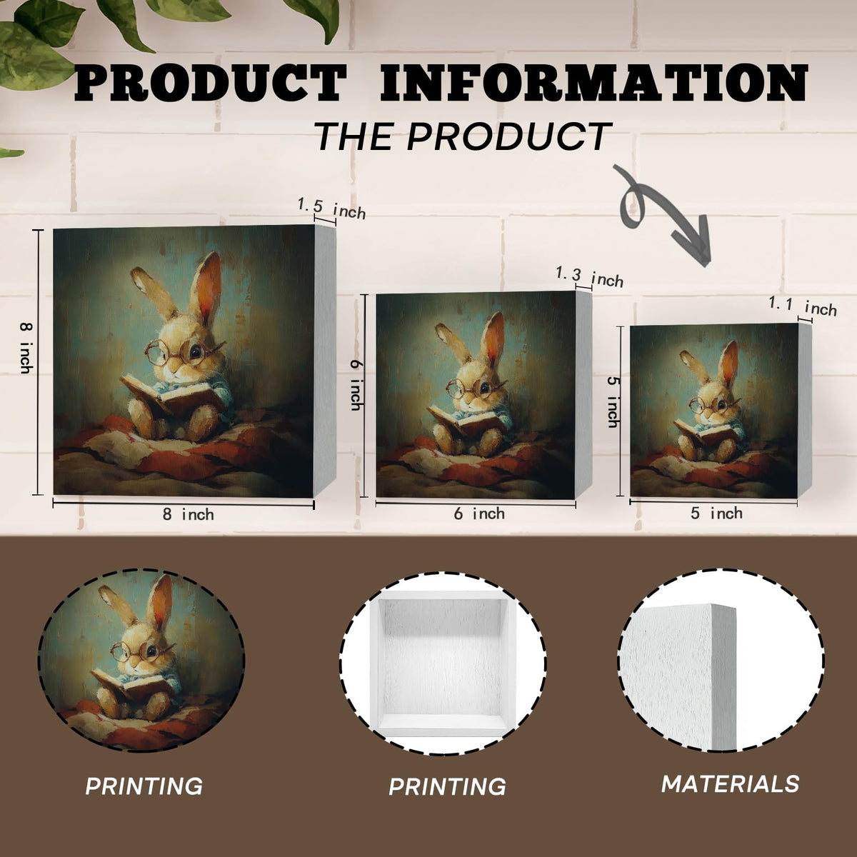 GWOKPAAI Moody Bunny Reading Book Wooden Box Signs Desk Decor, Book Lover Gifts, Moody Rabbit Bookish Wooden Signs Desk Decorations for Reading Room Nook Corner Library Tabletop Shelf Wall, 5x5in
