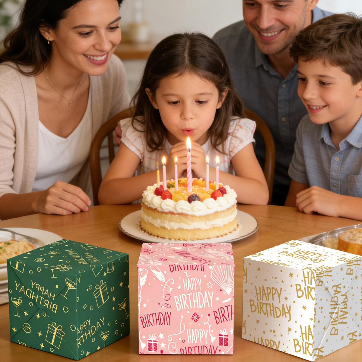 Lenpel Birthday Wrapping Paper Roll 3-Pack, 17 x 200 Inch Gift Wrap in Pink, Green & Gold, Birthday Wrapping Paper for Women, Kids and Adults, Perfect for Birthday Gift Wrapping