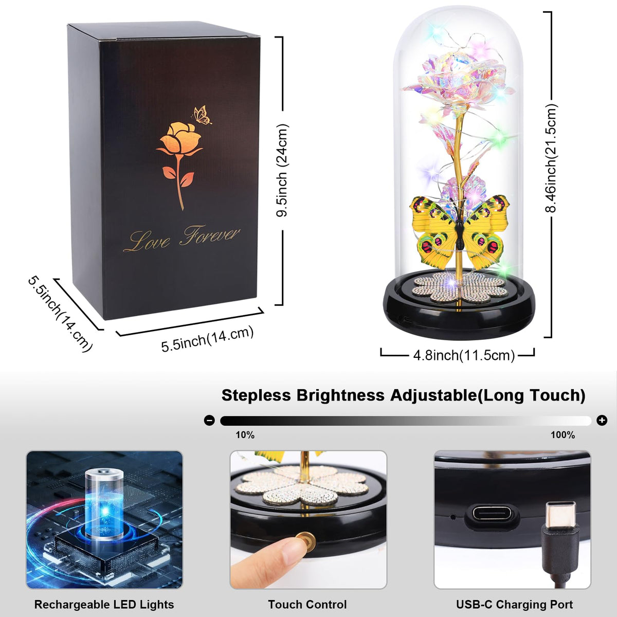 Mothers Day Rose Gifts for Mom Birthday Gift for Women, Rechargeable Galaxy Glass Rose in Glass Dome Colorful Crystal Flower Butterfly Mother's Day Flowers Gifts for Women Mom Wife Grandma Daughter