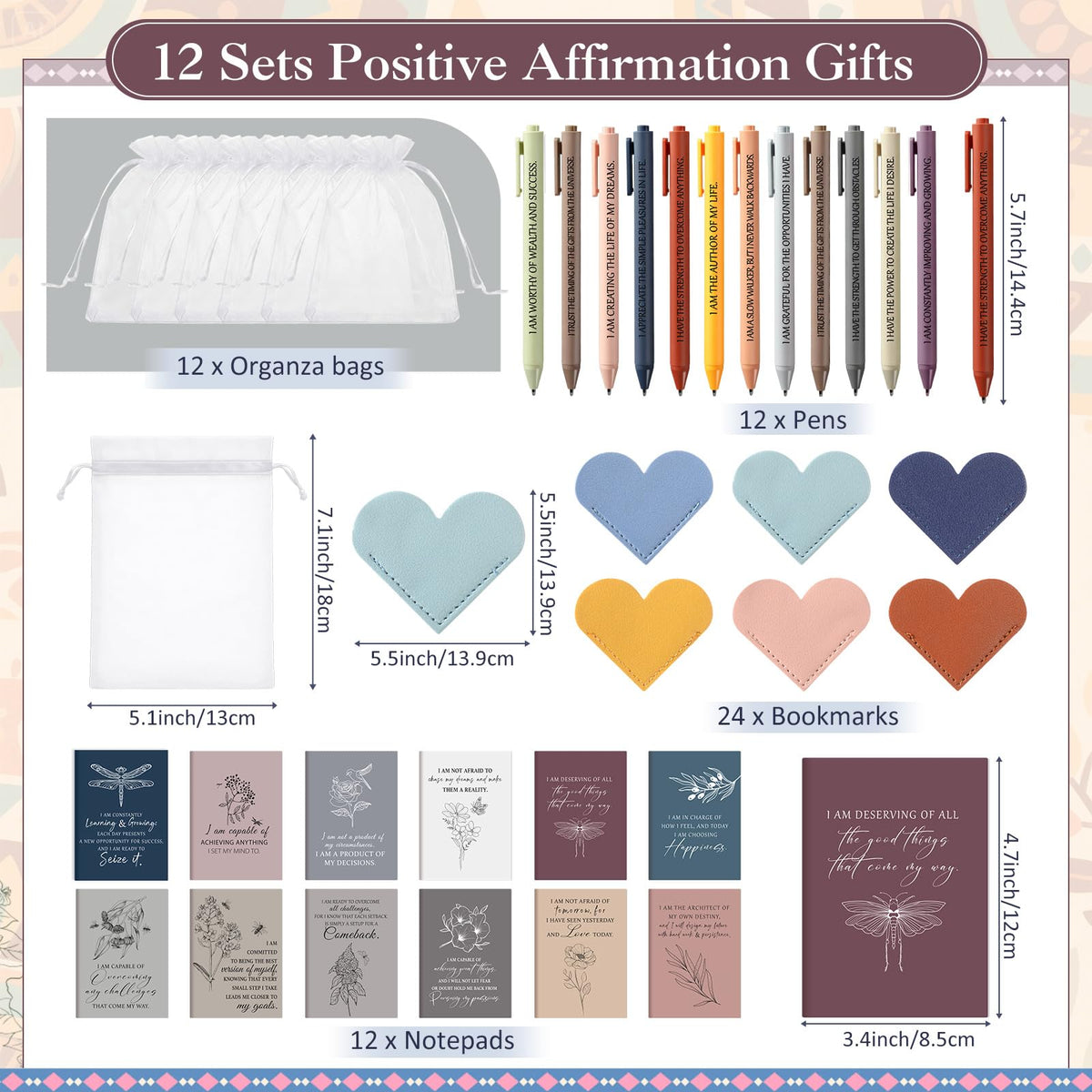 Kosiz 12 Sets Positive Affirmation Gifts Bulk, Motivational Quote Notebooks Inspirational Pens Leather Heart Bookmarks Bags Encouragement Gift Set for Mother's Day Teachers Employee Appreciation Event