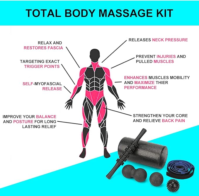 Foam Roller Set - High Density Back Roller, Muscle Roller Stick,2 Foot Fasciitis Ball, Stretching Strap, Massager Ball for Whole Body Physical Therapy & Exercise, Yoga, Back Pain, Leg, Deep Tissue
