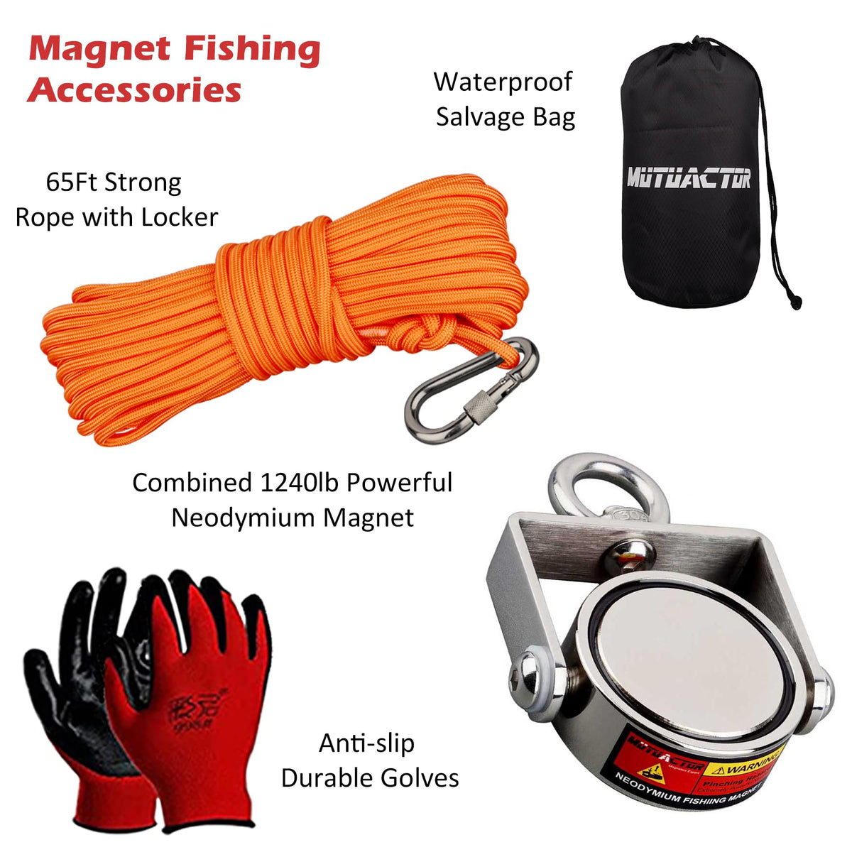 MUTUACTOR Fishing Magnet Kit,Combined 1240lb Strong Rotatable Magnet Fishing Heavy Duty,Permanent Neodymium Rare Earth Magnets with 65Ft Salvage Rope,Anti-Slip Gloves for Retrieving Treasures